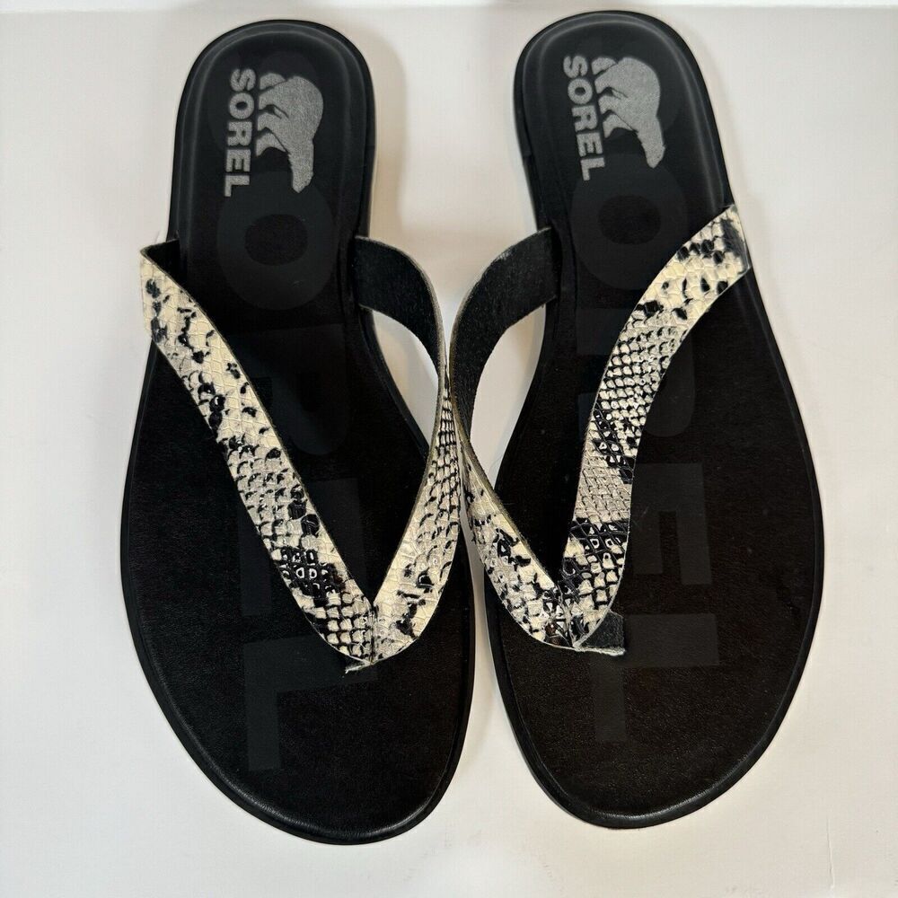 Sorel Ella II Thong Sandals Womens 8.5 Snake Print Flip Flop Beach White Black